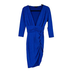 Symphony Ruched Dress Womens Small Blue Lights Down Low Glitter V Neck Plunge